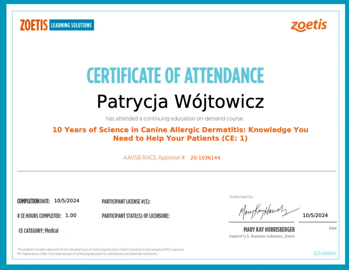 Doświadczony dietetyk dla psa - certyfikat